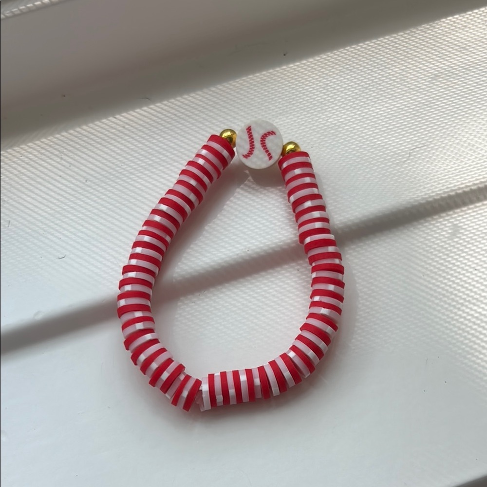 Red and White Striped Beaded Jewelry Bracelet